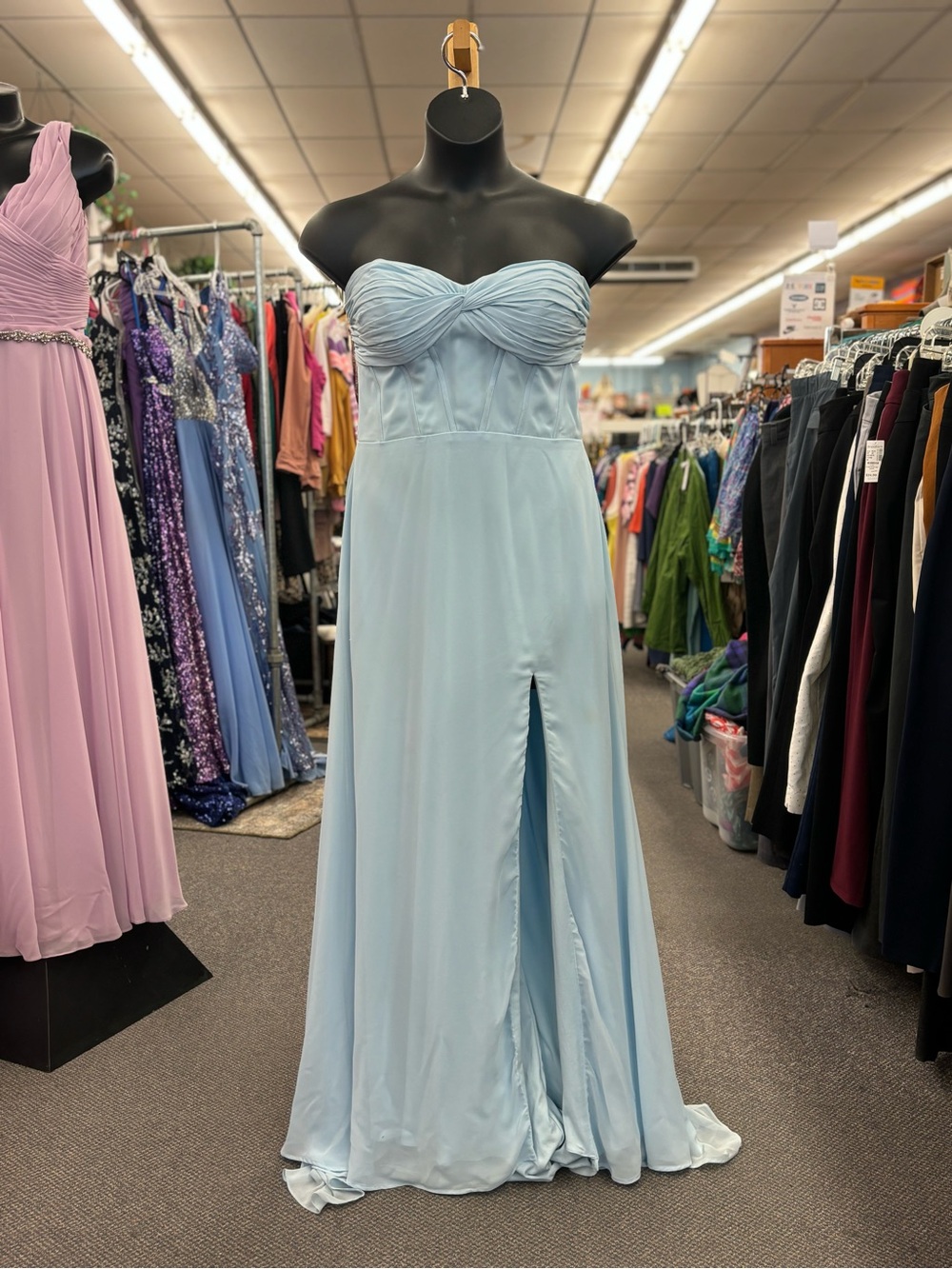 🛍️Mori Lee Strapless Light Blue Sweetheart Gown with Front Slit